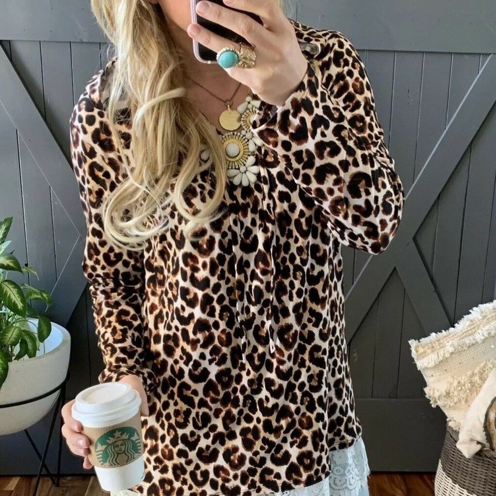 New Plus Size Leopard Animal Print Hooded Blouse - Picture 6 of 8